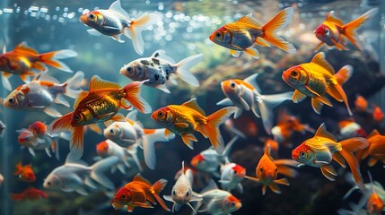 A lively underwater scene featuring numerous goldfish of different colors and patterns, swimming and interacting within a well-maintained aquarium tank, showcasing aquatic life in detail.