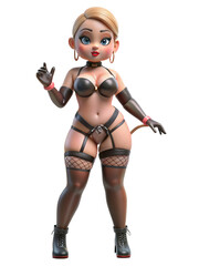 Beautiful plastic doll in black latex bikini, choker, 3D style