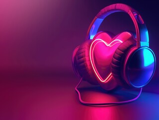 3D Heart with Headphones and Sound Wave Background, Valentine's Day Banner Design Concept with Vibrant Colors and Copy Space. High Resolution Graphic for Romantic Poster or Card, Featuring Audio 