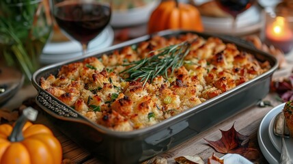 Delicious autumn harvest feast with baked stuffing and seasonal pumpkins on a warmly lit table