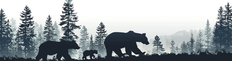 Silhouette of Bear Family Walking in Foggy Forest with Pine Trees