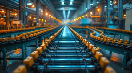 Obraz premium Modern Industrial Factory Interior with Automated Conveyor Belts and Warm Lighting Ambience