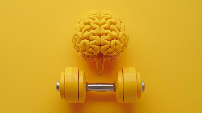 A yellow brain model positioned above a larger, yellow dumbbell, emphasizing the connection between mental and physical fitness against a bright yellow backdrop.