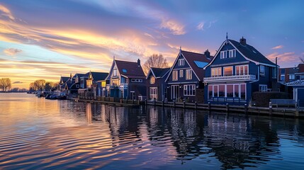Obraz premium A beautiful evening light casts a gentle glow over a waterfront village with charming houses and a clear blue sky, creating a serene and picturesque atmosphere.