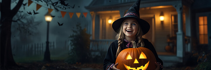 Fototapeta premium Halloween Trick or Treat Cute Girl in Costume Banner Background