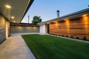 A sleek house with a green lawn, viewed from the left side, featuring a garage and concrete yard. Roof lights glow softly, enhancing the wooden accents on the walls.