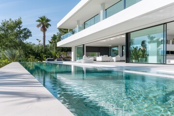 A sleek, modern white villa with large glass windows, overlooking a pristine pool with crystal-clear water, surrounded by a lush, well-manicured garden.