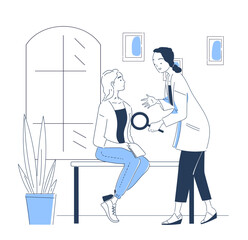 Doctor check melanoma. Woman in medical uniform with magnifying glass evaluates patient. Treatment of skin diseases, getting rid of birthmarks and moles. Linear vector illustration