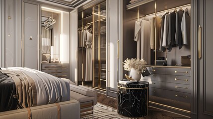 Elegant luxury bedroom with a walk-in closet, accented by a black marble side table and golden decor. The setting is opulent and stylish.