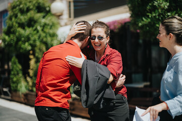 A group of business colleagues embrace and share a joyous moment together outdoors. Capturing the essence of friendship and teamwork in a professional setting.