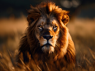 Fototapeta premium A Masai lion, a member of the Felidae family and a carnivorous terrestrial animal, is standing in a field of tall grass, staring directly at the camera with its whiskers twitching