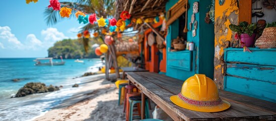 Vibrant Coastal Beach Shack with Colorful Decor and Yellow Hard Hat in Summer