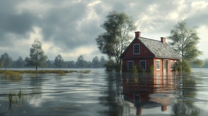 Fototapeta premium Flooded House amidst Submerged Forest with Reflective Water and Overcast Sky