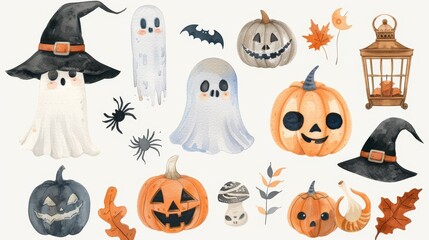 Halloween set. White background. Watercolor illustrations