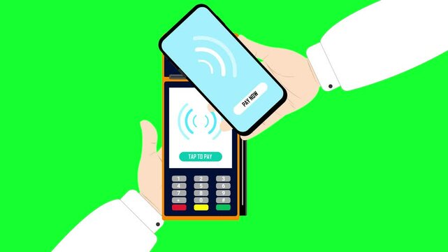 tap to pay animated edc machine non-cash payment edc nft machine payment tap handphone and bank card green screen 4k looping