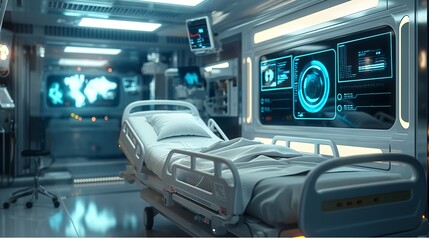 Futuristic Hospital Room with Advanced Medical Equipment and Patient Bed