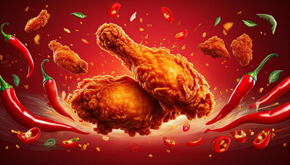 Spicy Fried Chicken Floating in the Air with Hot Sauce and Chili Peppers on a Bright Red Background