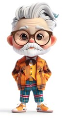 Naklejka premium Elderly cartoon character with large glasses, white hair, plaid jacket, colorful pants, orange shoes, and a friendly expression 