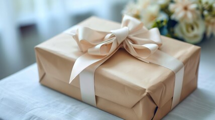 Elegantly wrapped gift with satin ribbon beside floral bouquet
