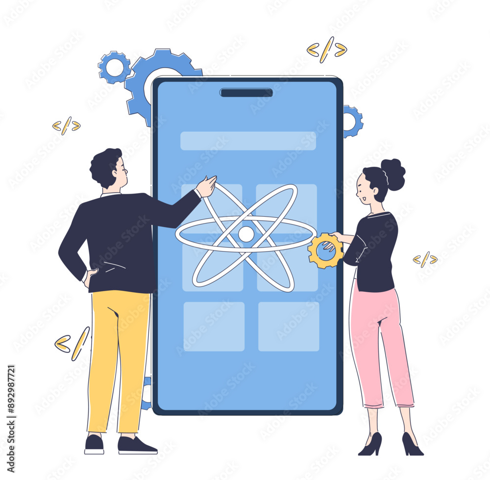 Poster two developers analyze a mobile app interface displayed on a large screen. cartoon style linear vect