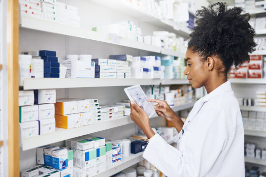Woman, hands or tablet with screen in pharmacy for stock inspection, report for medicine inventory. Female pharmacist, drug store or mockup for digital record of health information or pills research