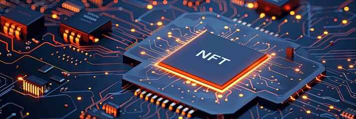 computer chip with "NFT" text, motherboard