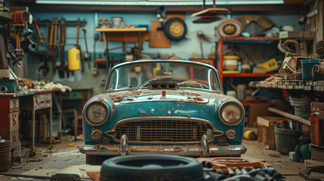 Vintage car in an old workshop, surrounded by tools and other mechanical equipment, reflecting a classic automotive restoration scene.
