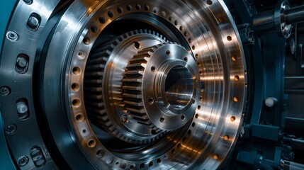 Close-up View of Industrial Machinery Showcasing Complex Mechanical Gears and Metallic Components