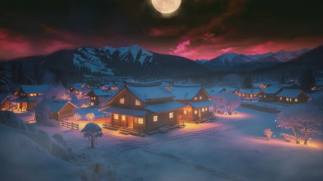A whimsical winter village at night, cozy cottages with warm glowing lights, towering frosted mountains in the background, pine trees dusted with snow, full moon illuminating the snowy landscape, stor