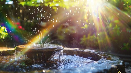 Sunlit garden fountain with water droplets and rainbows