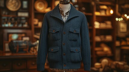 Obraz premium Vintage Blue Wool Cardigan in Old Fashioned Cozy Store Interior during Daytime