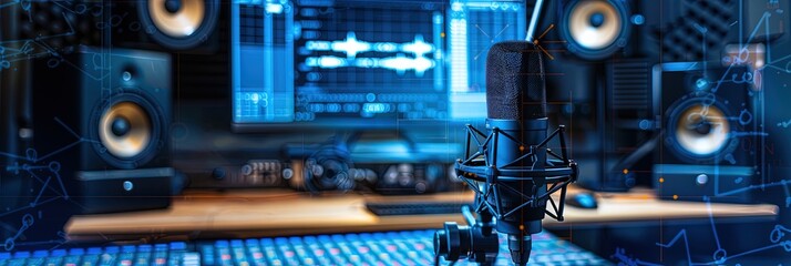 Fototapeta premium Audio studio recording setup with production equipment, microphones, speakers, computer