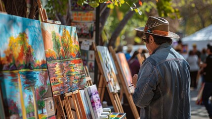 Obraz premium An artist at an outdoor fair displaying their paintings