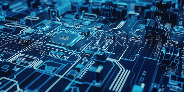 Overhead photo of motherboard with glowing blue circuitry
