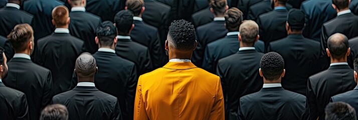 Crowd of businessmen in black suits with one man standing out in a bright yellow suit