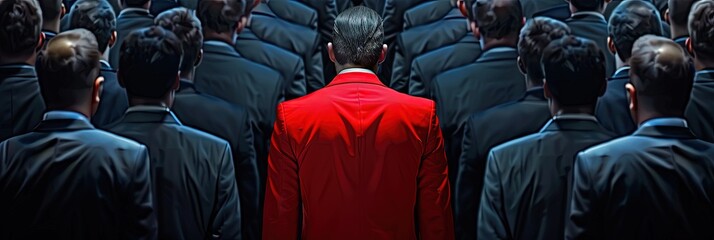 Crowd of businessmen in black suits with one man standing out in a bright red suit