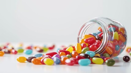 Colorful jelly beans spill from glass jar onto white surface