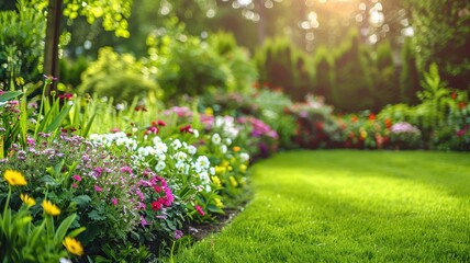 Lush garden filled with vibrant flowers and manicured lawn
