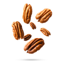 Pecan nuts in air on white background