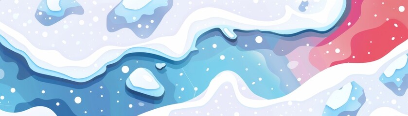 Abstract winter landscape illustration featuring snow, ice patterns, and gentle blue and red hues, evoking a serene snowy scene.