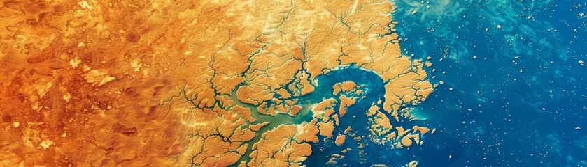 Aerial view of vibrant delta merging from land to ocean, showcasing intricate waterways in contrasting orange and blue hues.