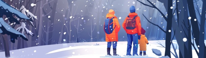 Family in snow-covered forest, winter hike. Three people in orange jackets enjoy snowfall, outdoor adventure, and seasonal scenery.