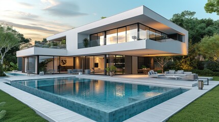 Fototapeta premium Modern Luxury Villa with Pool Surrounded by Lush Greenery and Clear Sky at Dusk