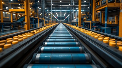 Obraz premium Industrial Assembly Line with Yellow Rollers in Modern Factory at Night