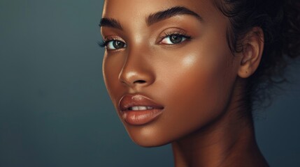 Fototapeta premium Stunning African American woman in a fashion studio, showcasing her flawless mulatto skin and subtle makeup under soft lighting
