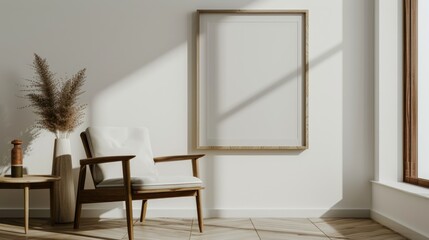 Poster template in a modern Scandinavian-style interior with an empty picture frame on a white wall