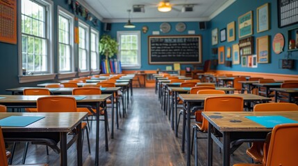 Empty Classroom with Orange Chairs, Blue Walls, and Sunlight Through Windows