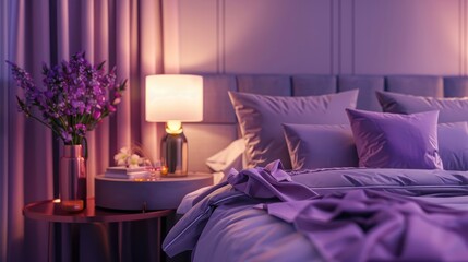 Light over copper table with flowers beside bed with violet linens in purple bedroom decor