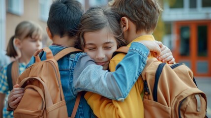 HandHeld Clip Of Group Of School Children Embracing Each Other. Back To School. Friendship Concept