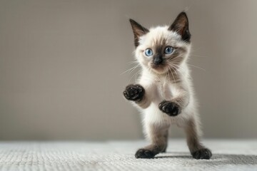 A cute Siamese kitten stands on its hind legs, looking up with curious blue eyes.
